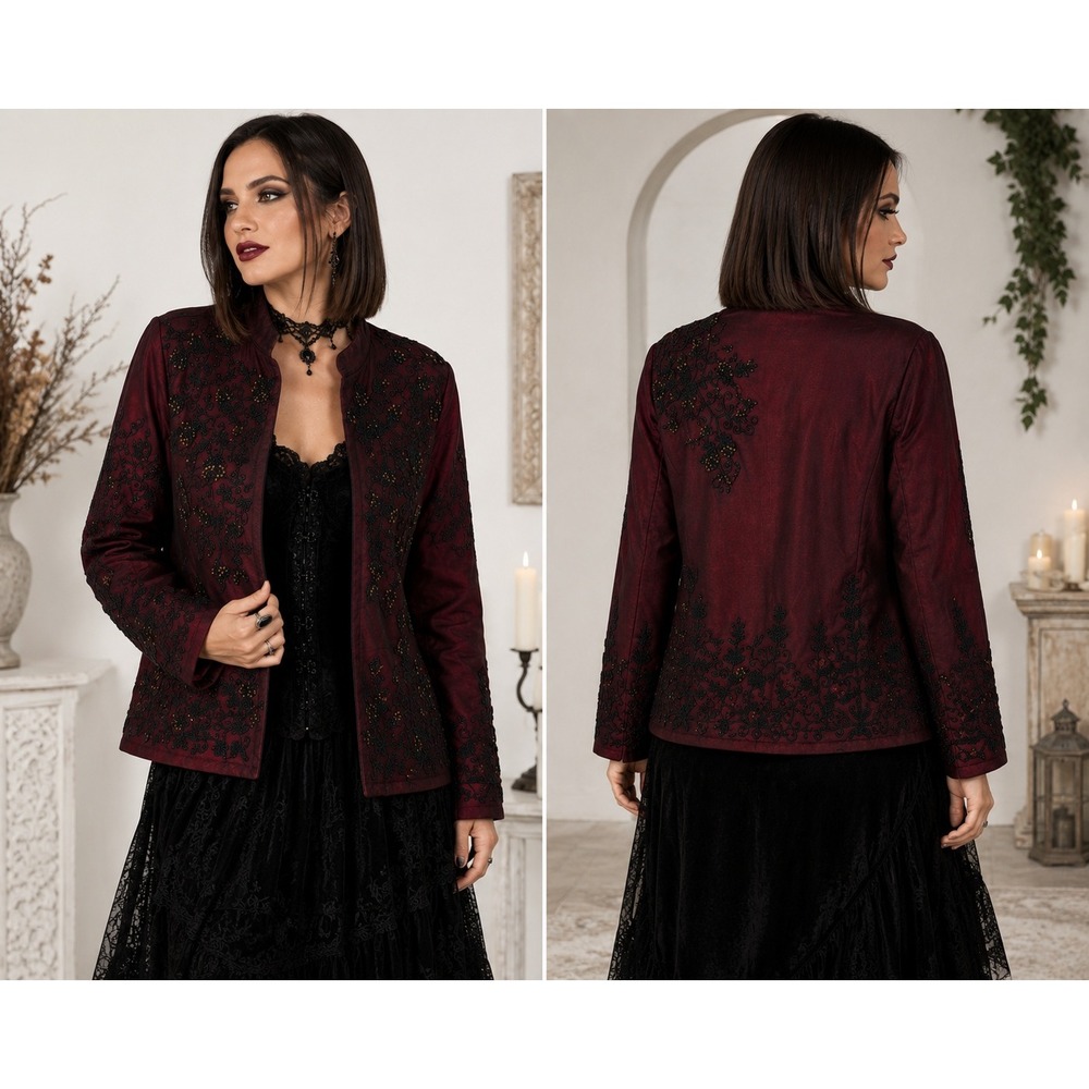 Whimsigoth Y2K Fairygrunge 90s Red Beaded Embroidered Mesh Overlay L‎ Jacket